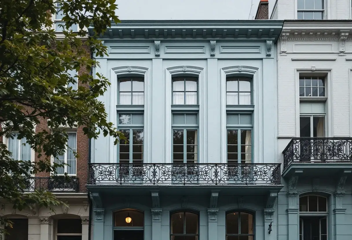 Hellblau gestrichene Stadthausfassade mit Gussgeländer am Balkon und hohen Fenstern