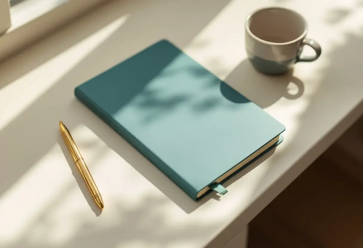 Geschlossenes petrolfarbenes Notizbuch, goldener Stift und eine Tasse auf einem hellen Schreibtisch
