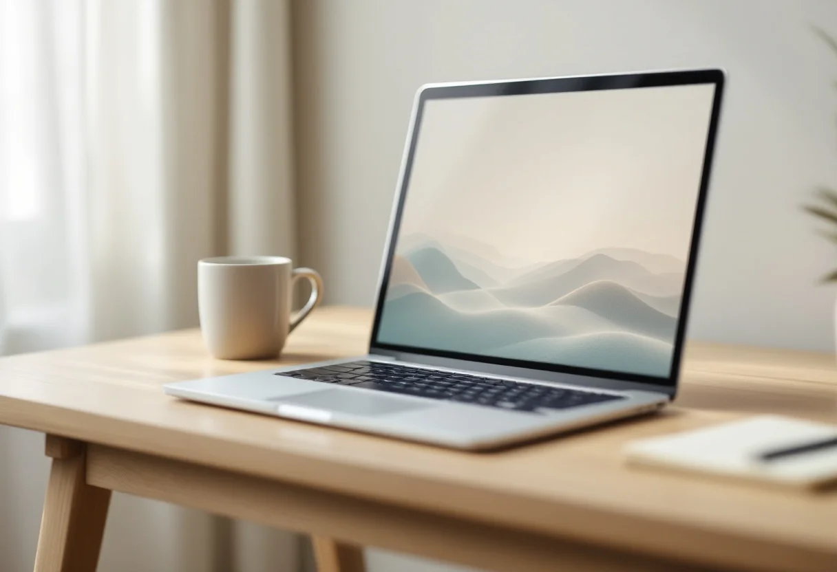 Aufgeklappter Laptop und eine Tasse auf einem hellen Holztisch im Tageslicht